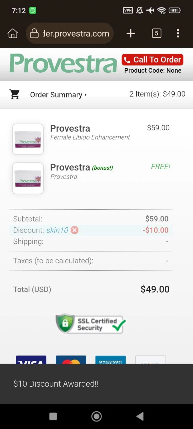 Provestra coupon code screenshot showing code SKIN10 applied at Provestra checkout page. Uploaded by SimplyCodes community member RomeoSantos on Jan 23, 2025