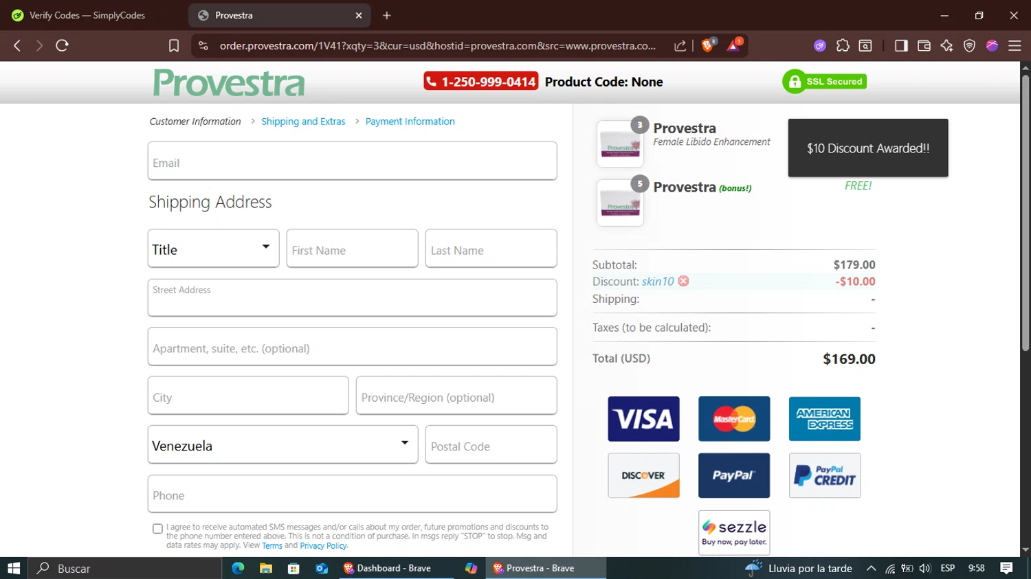 Provestra coupon code screenshot showing code SKIN10 applied at Provestra checkout page. Uploaded by SimplyCodes community member Suguru_Geto on Aug 11, 2025
