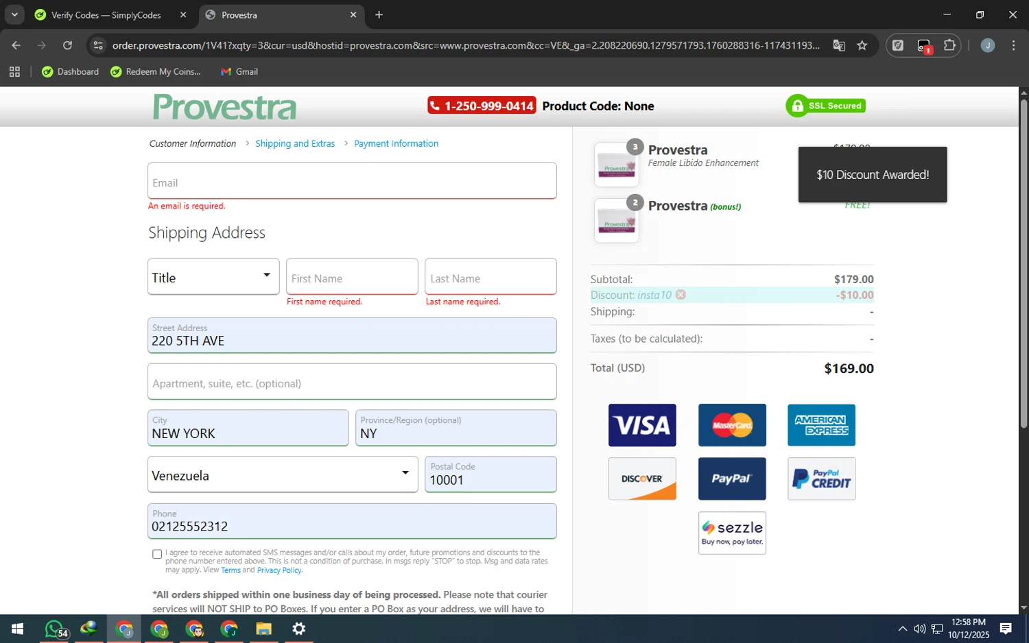 Provestra checkout page showing Provestra coupon code box | Screenshot taken by SimplyCodes community member on Oct 12, 2025