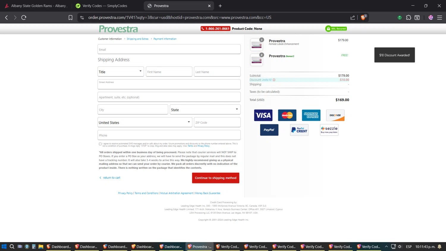 Provestra checkout page showing Provestra coupon code box | Screenshot taken by SimplyCodes community member on Aug 15, 2025