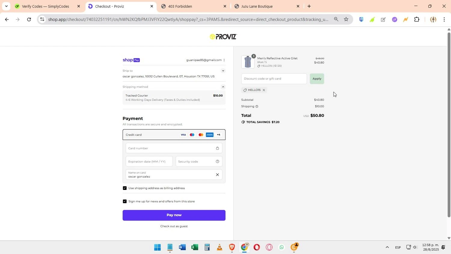 Proviz discount code screenshot showing code Hello15 applied at Proviz checkout page. Uploaded by SimplyCodes community member Elimix on Aug 28, 2025