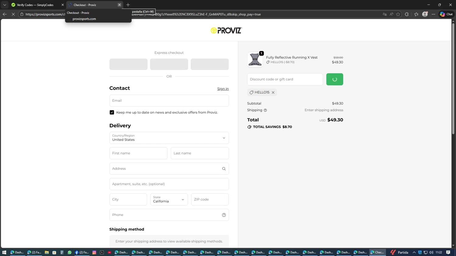Proviz discount code screenshot showing code Hello15 applied at Proviz checkout page. Uploaded by SimplyCodes community member SwiftSage2309 on Feb 6, 2026