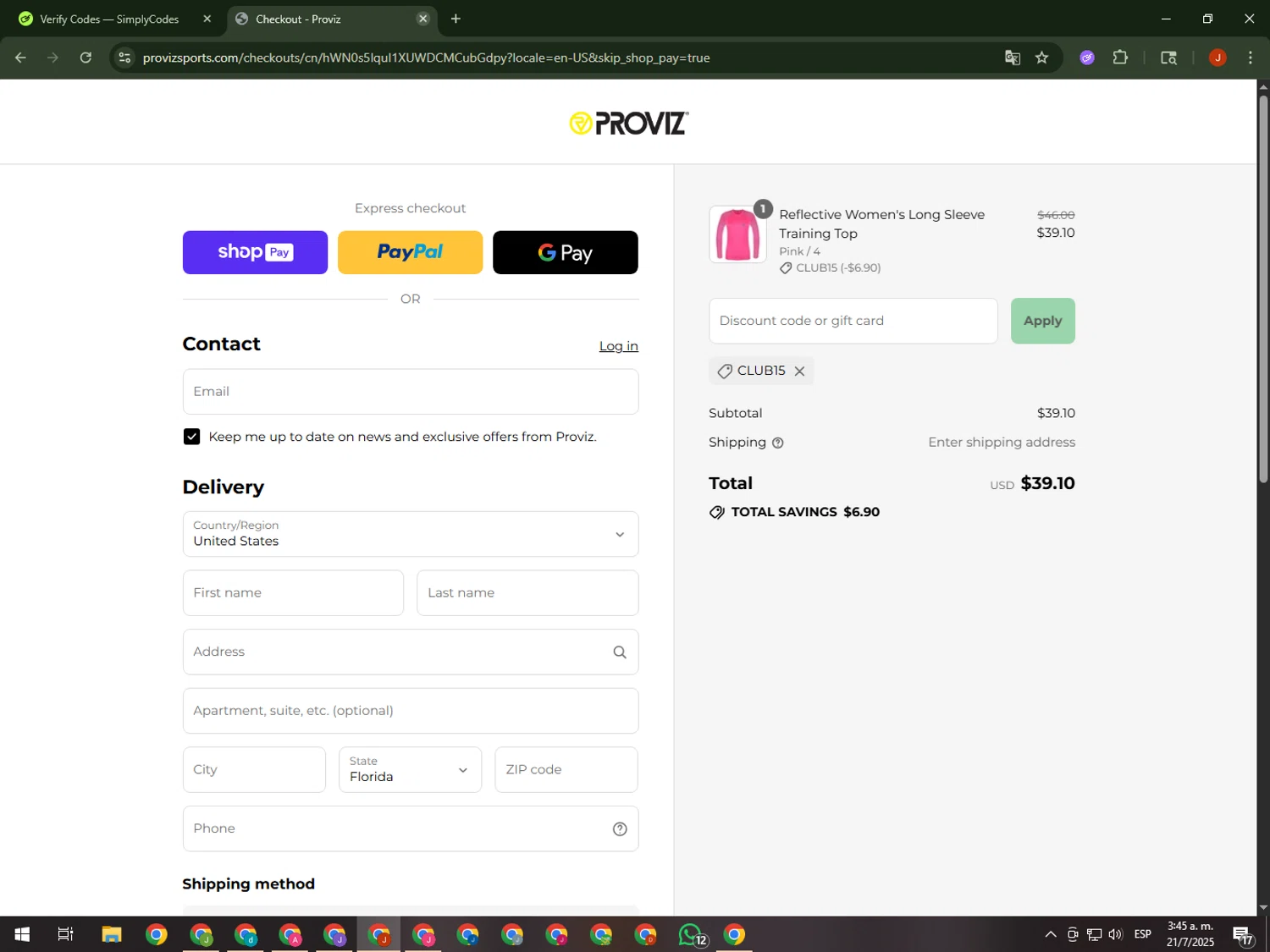 Proviz discount code screenshot showing code Club15 applied at Proviz checkout page. Uploaded by SimplyCodes community member KimDokja on Jul 21, 2025