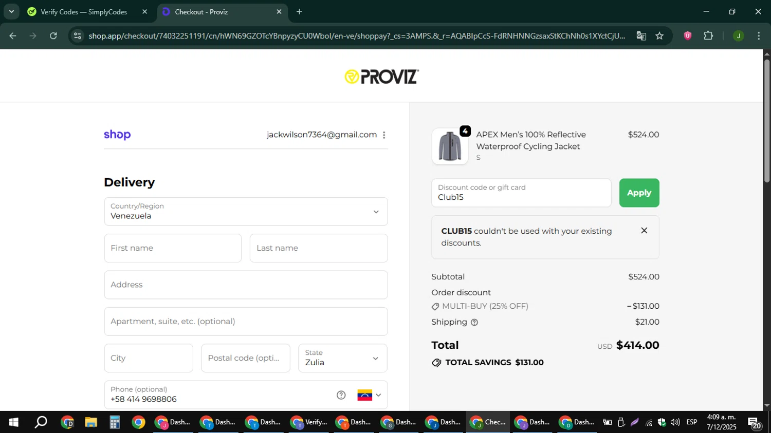 Proviz discount code screenshot showing code Club15 applied at Proviz checkout page. Uploaded by SimplyCodes community member ShieldFinder369 on Dec 7, 2025