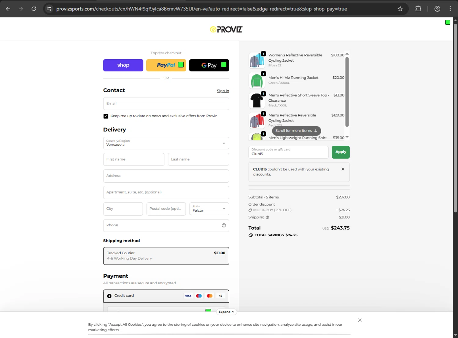 Proviz discount code screenshot showing code Club15 applied at Proviz checkout page. Uploaded by SimplyCodes community member anthonyramirez1 on Oct 29, 2025