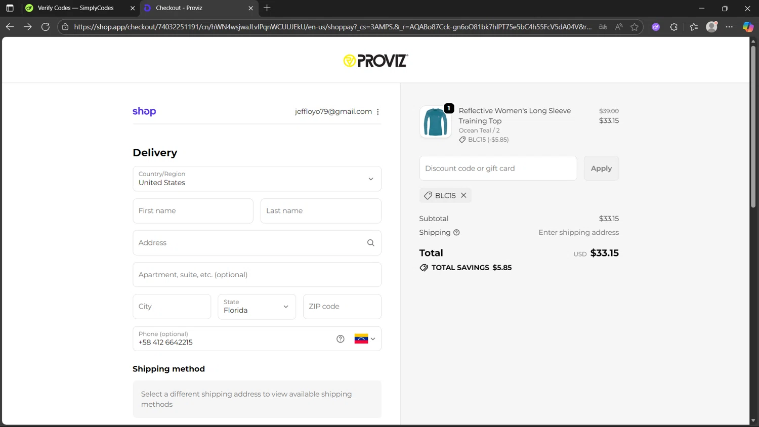 Proviz discount code screenshot showing code BLC15 applied at Proviz checkout page. Uploaded by SimplyCodes community member Morticia on Nov 5, 2025
