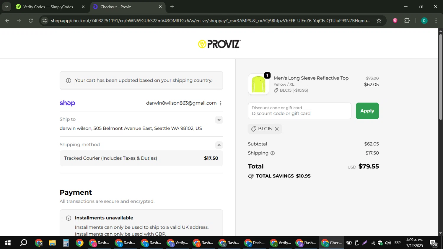 Proviz discount code screenshot showing code BLC15 applied at Proviz checkout page. Uploaded by SimplyCodes community member ThriftyLion6776 on Dec 7, 2025
