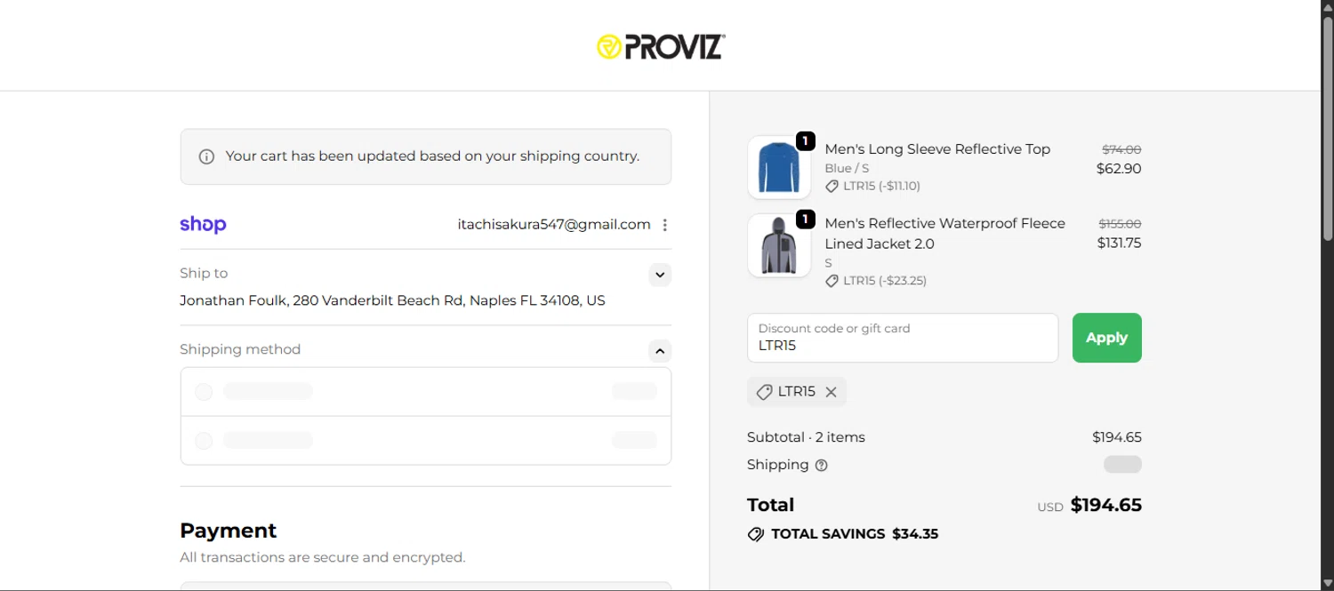 Proviz discount code screenshot showing code LTR15 applied at Proviz checkout page. Uploaded by SimplyCodes community member noworries on Dec 25, 2025