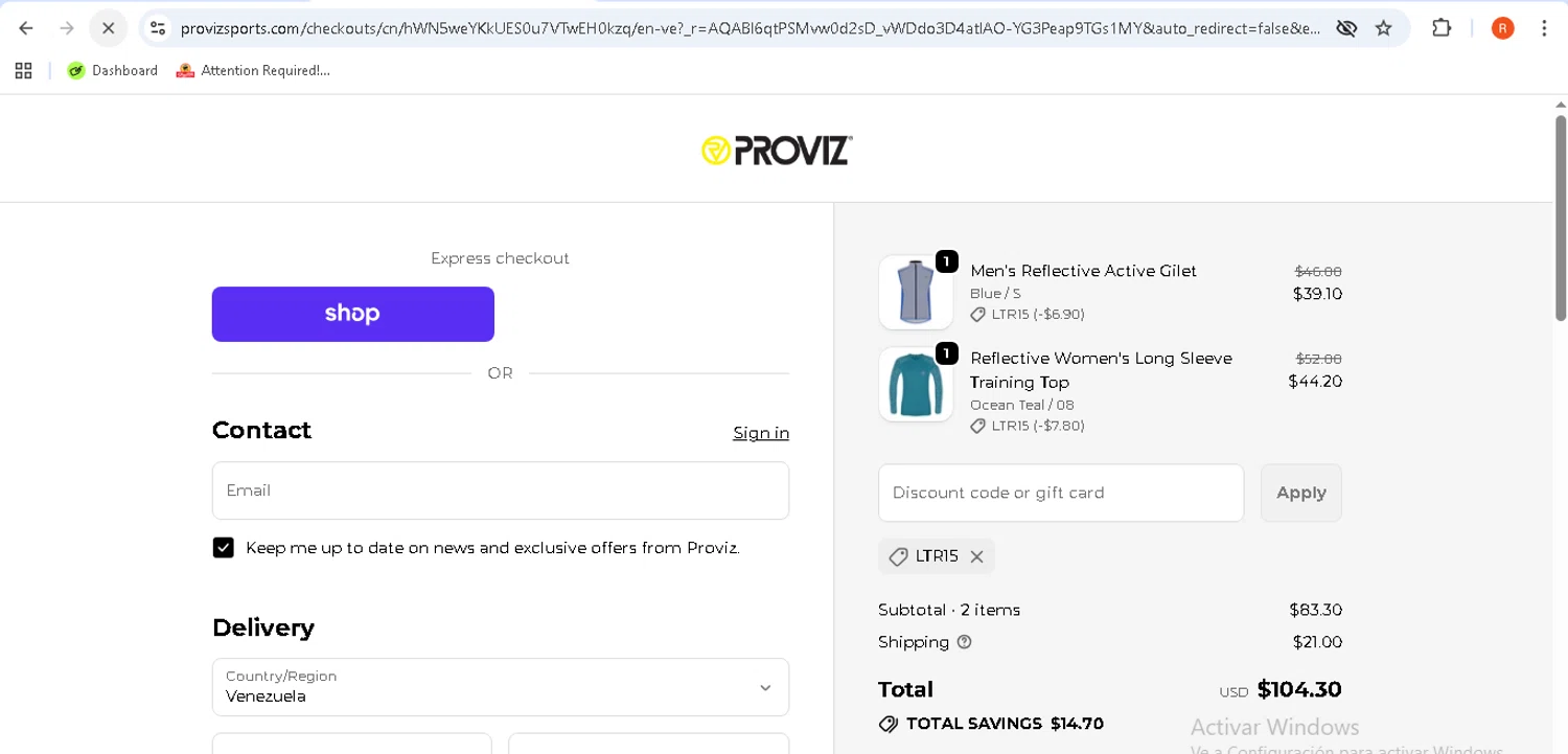 Proviz discount code screenshot showing code LTR15 applied at Proviz checkout page. Uploaded by SimplyCodes community member rodolfocaraballo on Dec 1, 2025