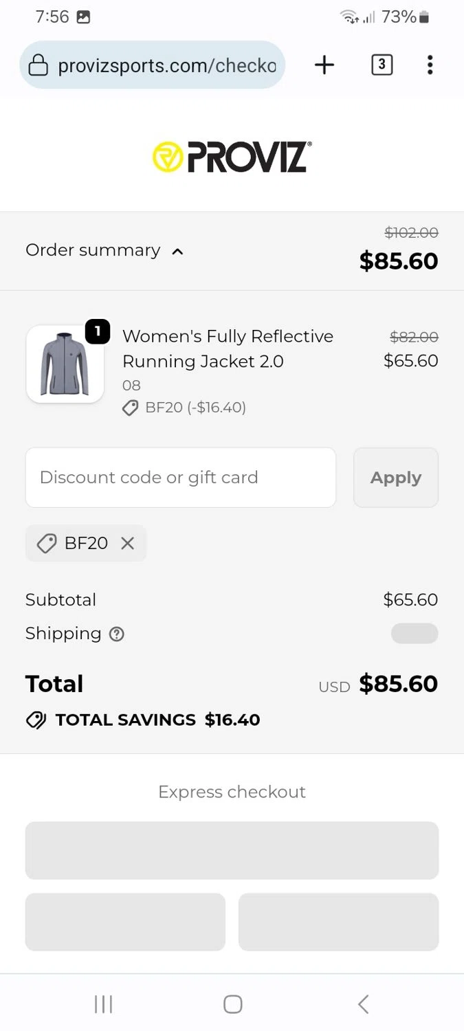 Proviz discount code screenshot showing code BF20 applied at Proviz checkout page. Uploaded by SimplyCodes community member ScanMaverick9378 on Nov 19, 2025
