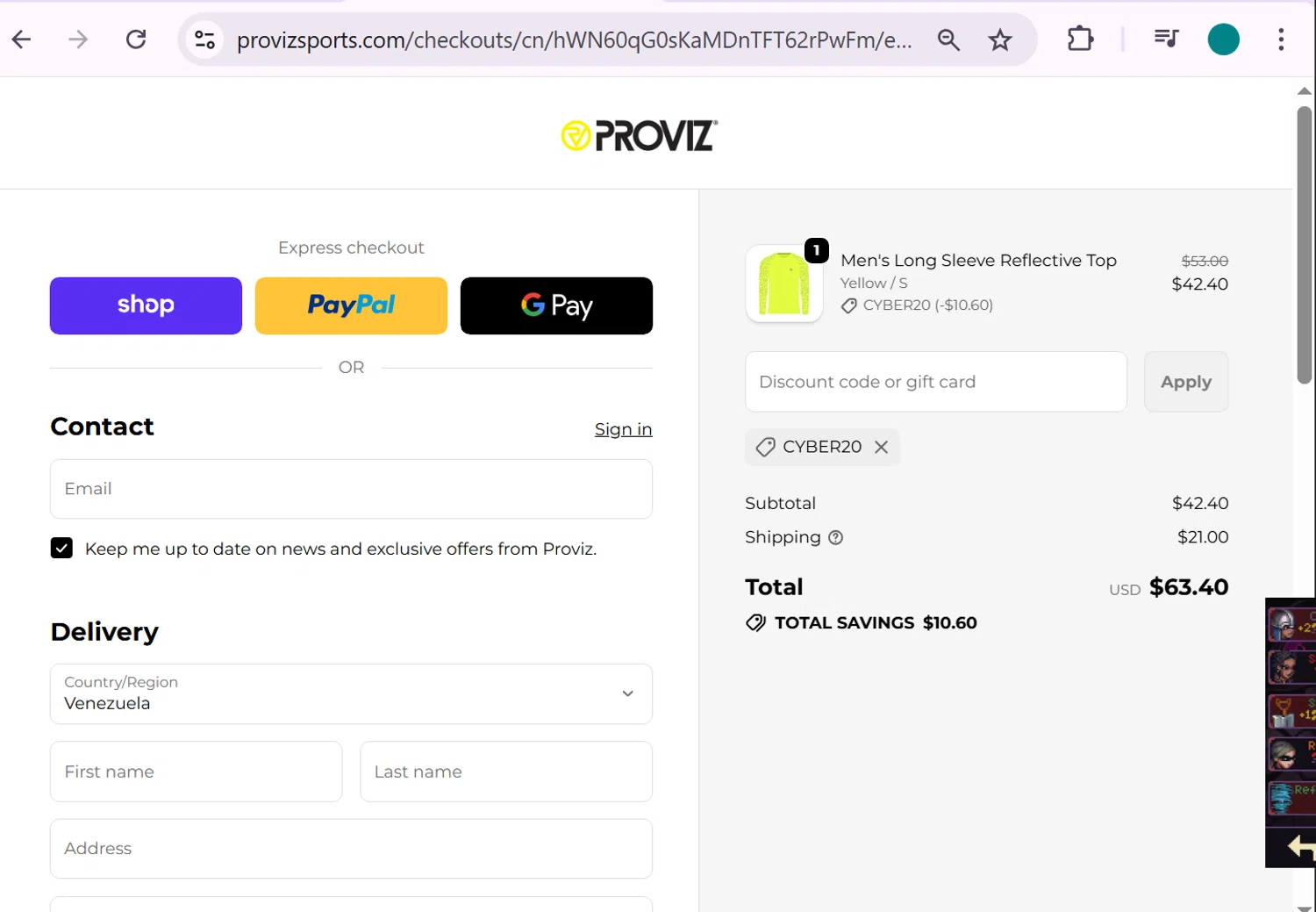 Proviz discount code screenshot showing code CYBER20 applied at Proviz checkout page. Uploaded by SimplyCodes community member anosesmith on Dec 3, 2025