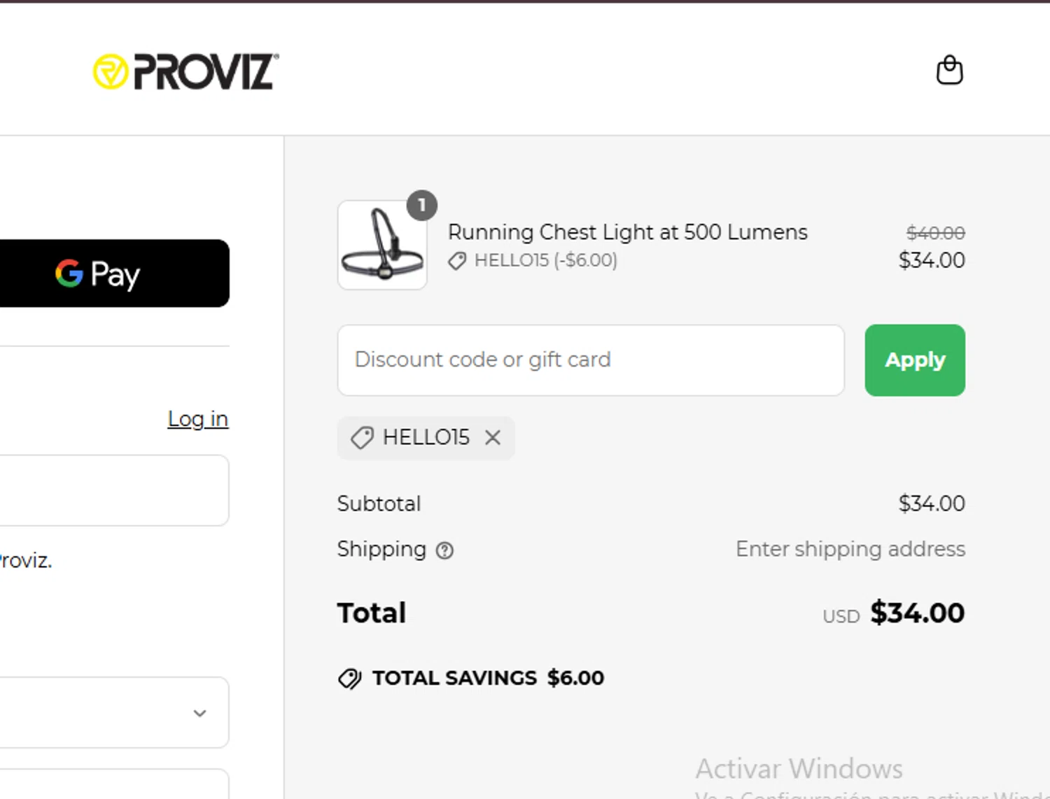 Proviz discount code screenshot showing code HELLO15 applied at Proviz checkout page. Uploaded by SimplyCodes community member rassoulfstorres on Apr 3, 2025