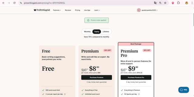 Pro Writing Aid checkout page showing Pro Writing Aid promo code box | Screenshot taken by SimplyCodes community member on Aug 31, 2025