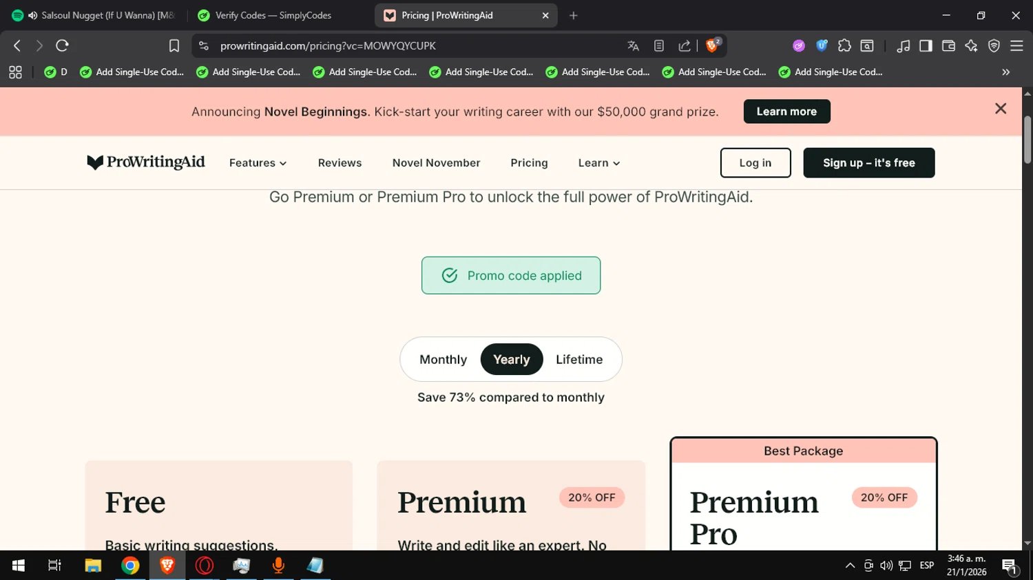 Pro Writing Aid promo code screenshot showing code MOWYQYCUPK applied at Pro Writing Aid checkout page. Uploaded by SimplyCodes community member Ultrapapu on Jan 21, 2026