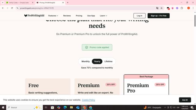 Pro Writing Aid checkout page showing Pro Writing Aid promo code box | Screenshot taken by SimplyCodes community member on Aug 13, 2025