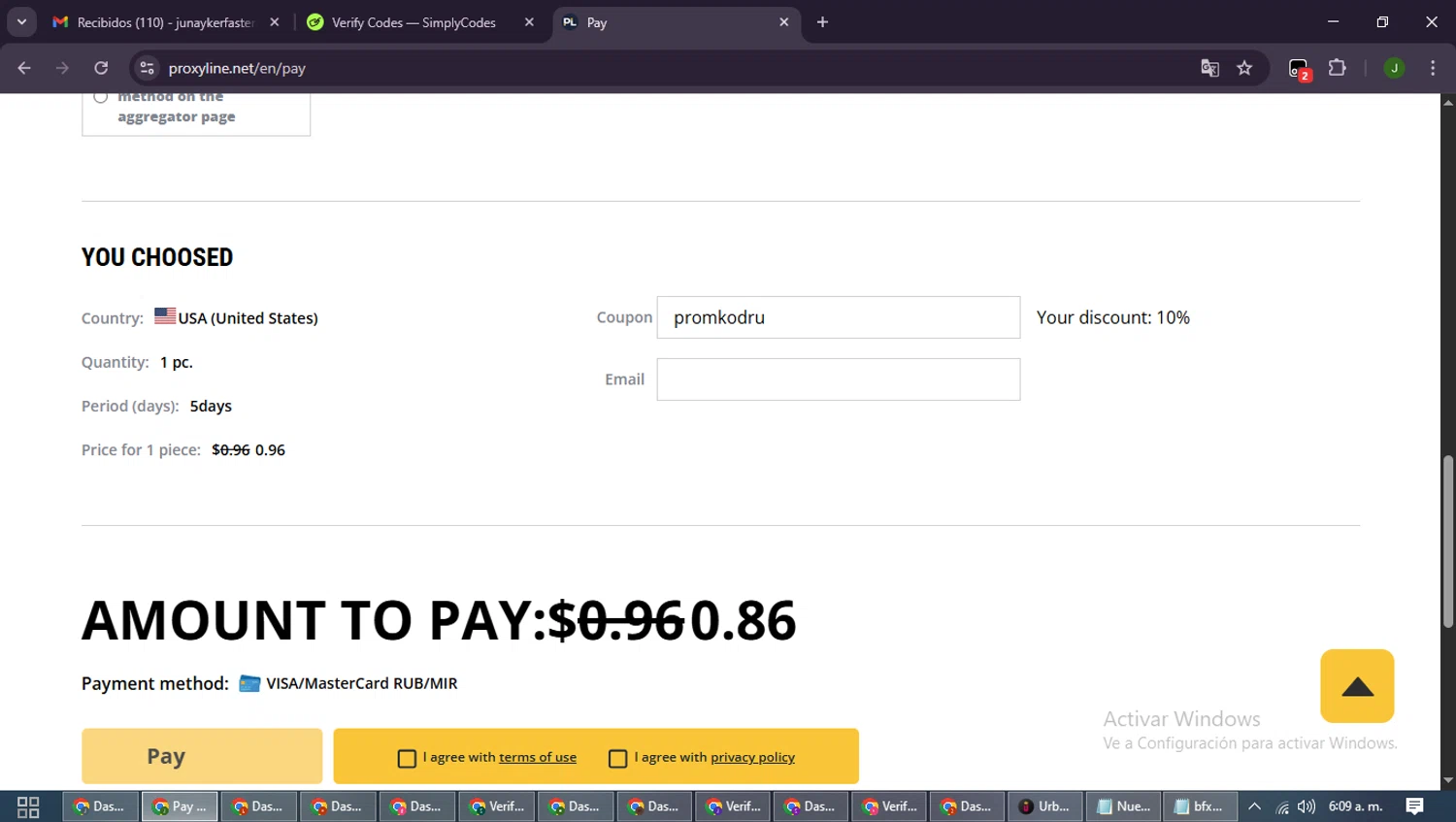 ProxyLine promo code screenshot showing code promkodru applied at ProxyLine checkout page. Uploaded by SimplyCodes community member SmartLion6646 on Nov 15, 2025