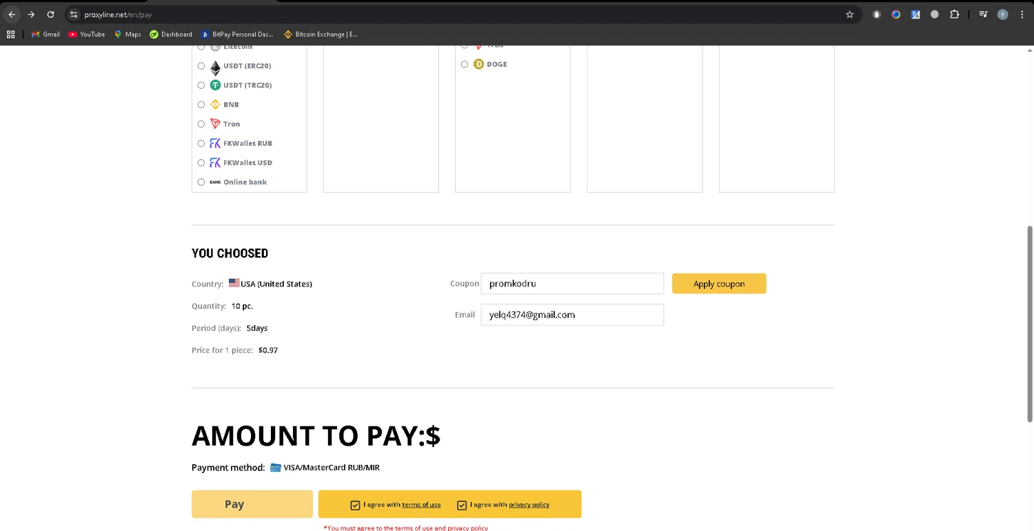 ProxyLine promo code screenshot showing code promkodru applied at ProxyLine checkout page. Uploaded by SimplyCodes community member YJMQ95 on Sep 18, 2025