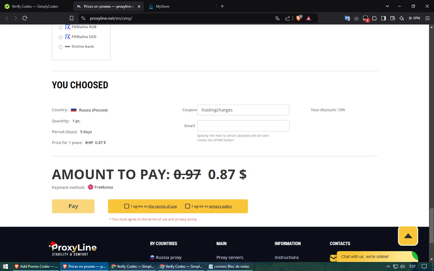 ProxyLine promo code screenshot showing code hostingcharges applied at ProxyLine checkout page. Uploaded by SimplyCodes community member Voucher200 on Jan 10, 2025