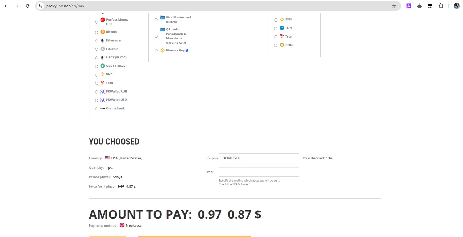 ProxyLine promo code screenshot showing code BONUS10 applied at ProxyLine checkout page. Uploaded by SimplyCodes community member YHLQMDLGN on Apr 30, 2025