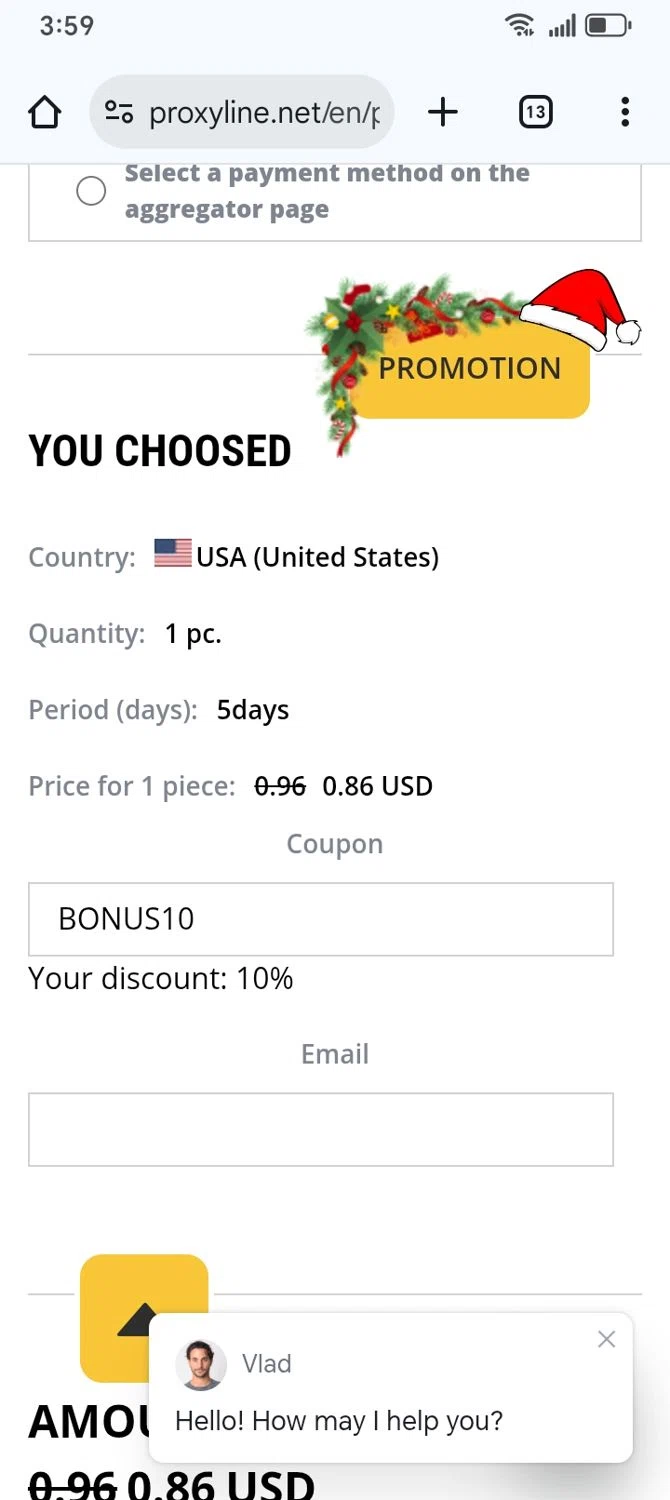 ProxyLine promo code screenshot showing code BONUS10 applied at ProxyLine checkout page. Uploaded by SimplyCodes community member franksanchez on Dec 29, 2025