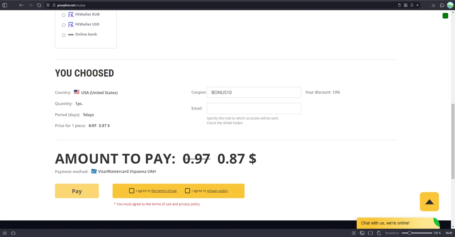 ProxyLine promo code screenshot showing code BONUS10 applied at ProxyLine checkout page. Uploaded by SimplyCodes community member luffyreturn on Apr 21, 2025