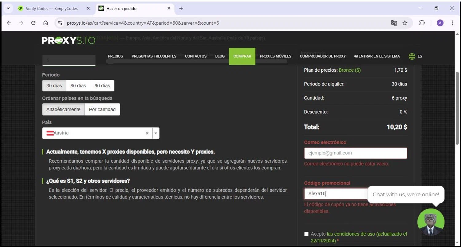 Proxys.io promo code screenshot showing code Alexa10 applied at Proxys.io checkout page. Uploaded by SimplyCodes community member VoucherPilot2282 on Apr 23, 2025