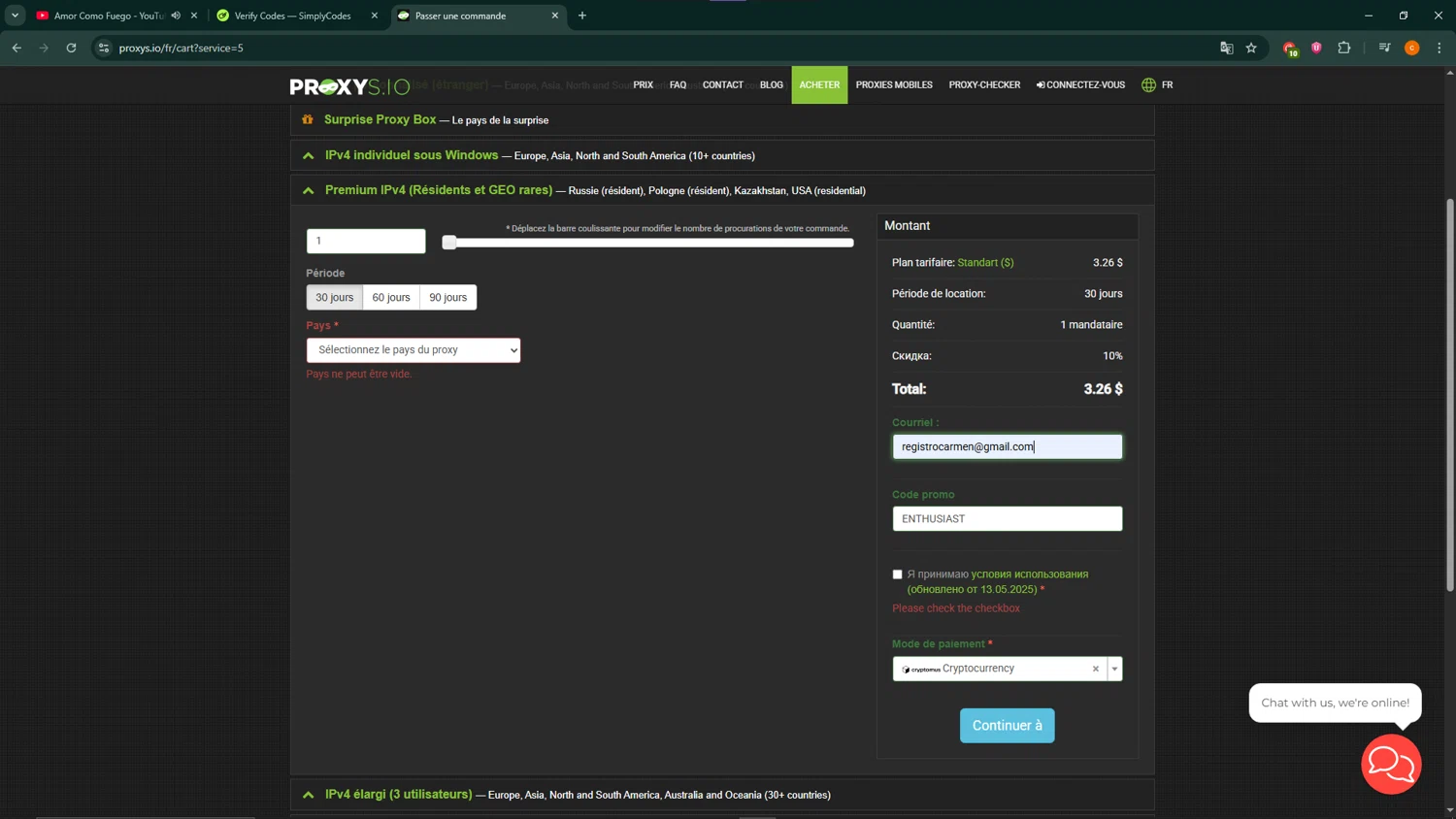 Proxys.io promo code screenshot showing code ENTHUSIAST applied at Proxys.io checkout page. Uploaded by SimplyCodes community member ShrewdCaptain9911 on Jun 23, 2025