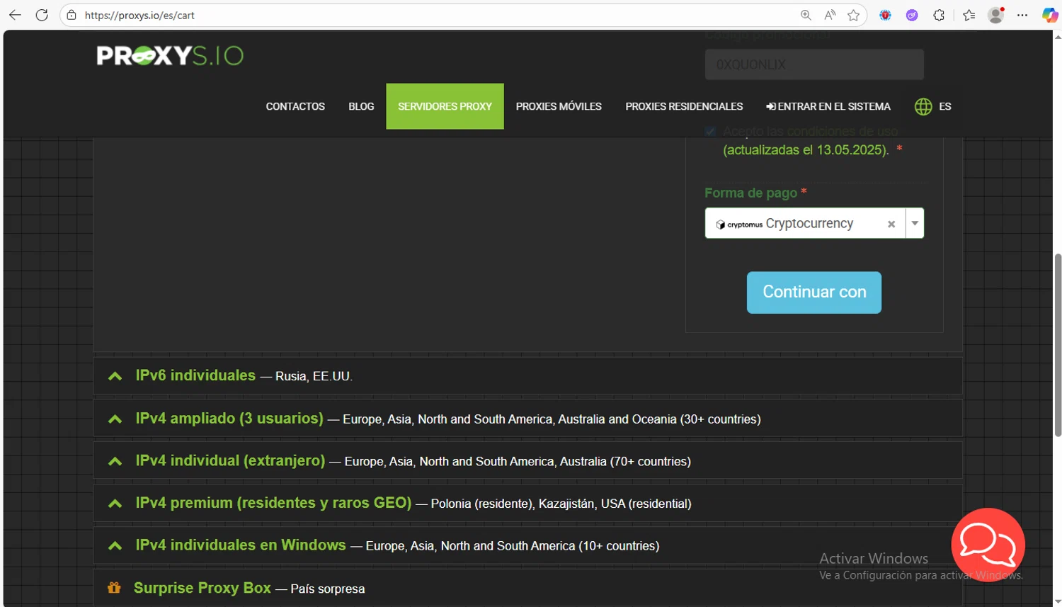 Proxys.io promo code screenshot showing code 0XQUONLIX applied at Proxys.io checkout page. Uploaded by SimplyCodes community member Franco20 on Nov 20, 2025