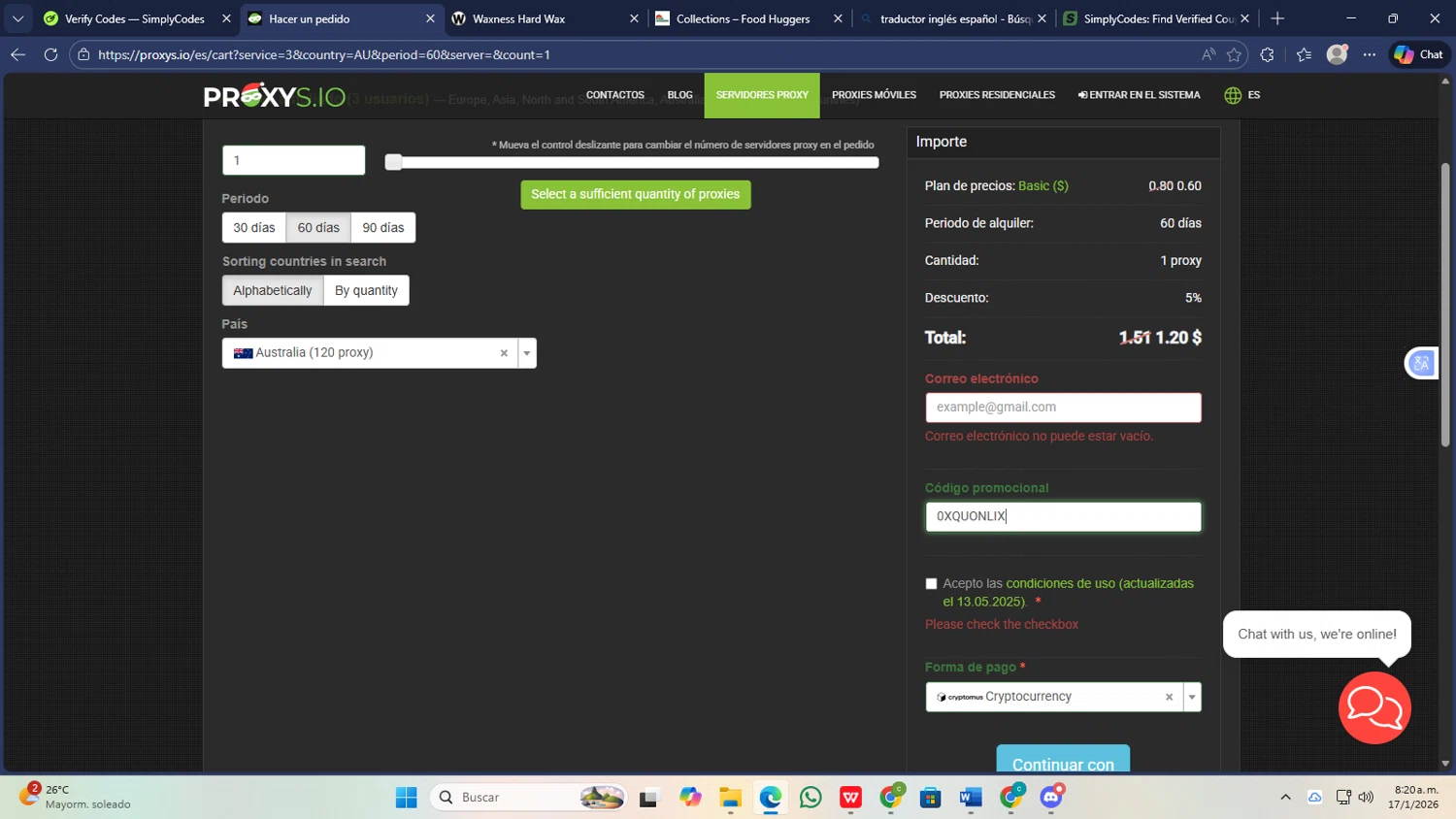 Proxys.io checkout page showing Proxys.io promo code box | Screenshot taken by SimplyCodes community member on Jan 17, 2026