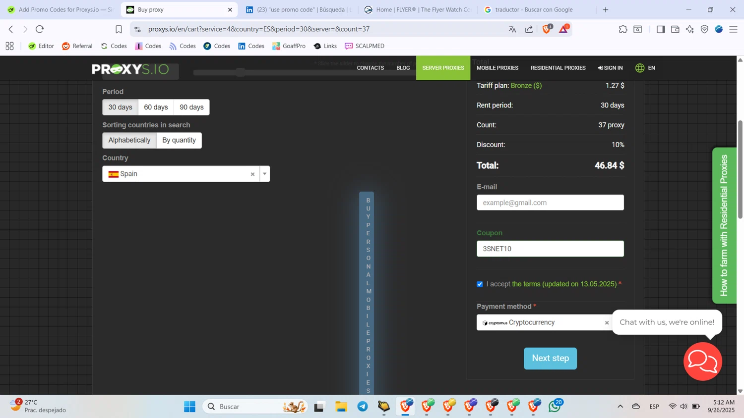 Proxys.io promo code screenshot showing code 3SNET10 applied at Proxys.io checkout page. Uploaded by SimplyCodes community member BabaYaga on Sep 26, 2025