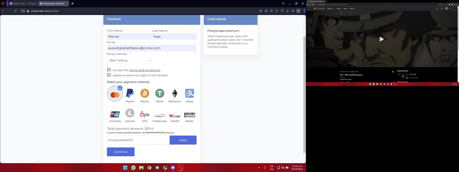 ProxyScrape checkout page showing ProxyScrape promo code box | Screenshot taken by SimplyCodes community member on Oct 26, 2023