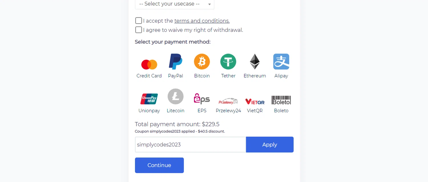 ProxyScrape checkout page showing ProxyScrape promo code box | Screenshot taken by SimplyCodes community member on Sep 28, 2023