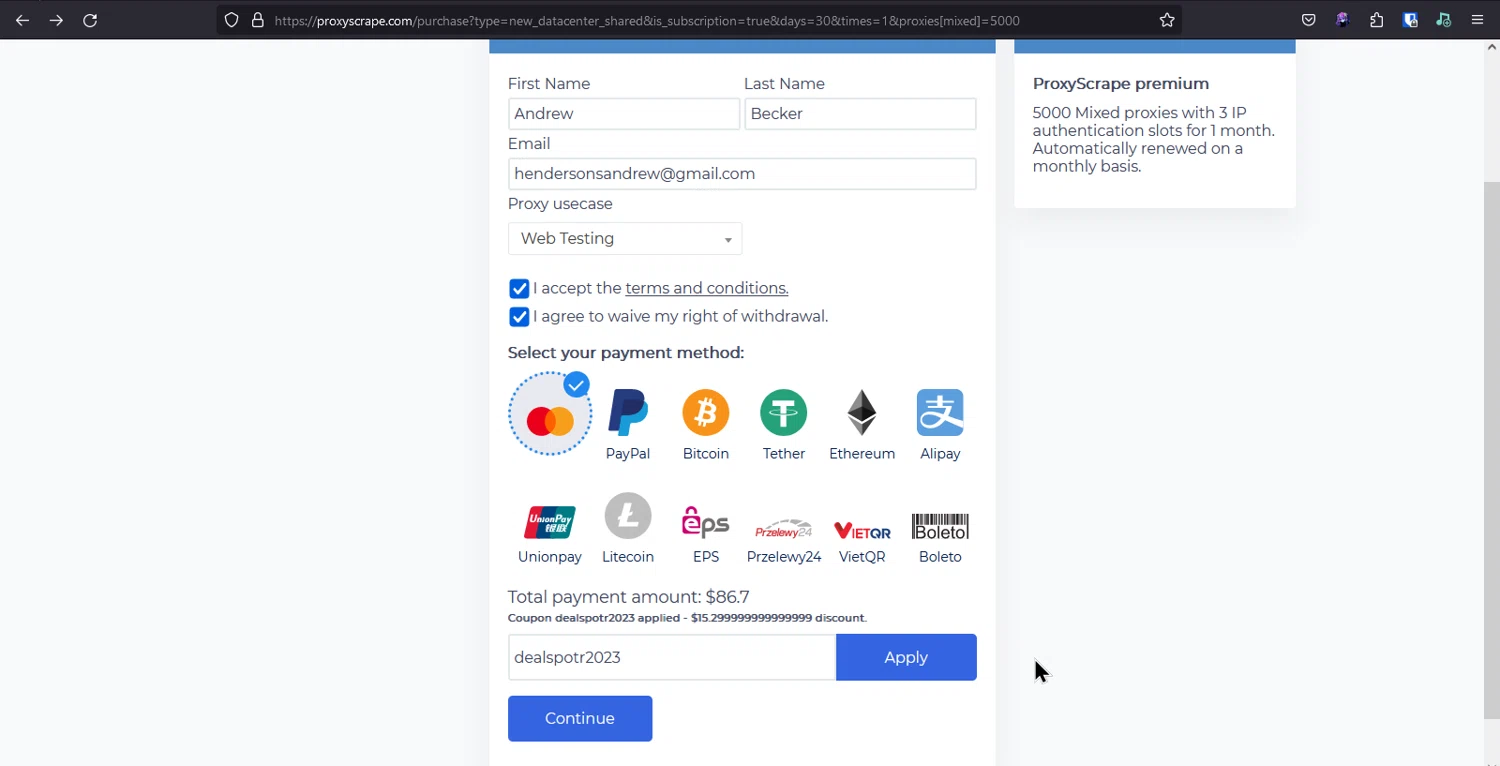 ProxyScrape checkout page showing ProxyScrape promo code box | Screenshot taken by SimplyCodes community member on Nov 9, 2023