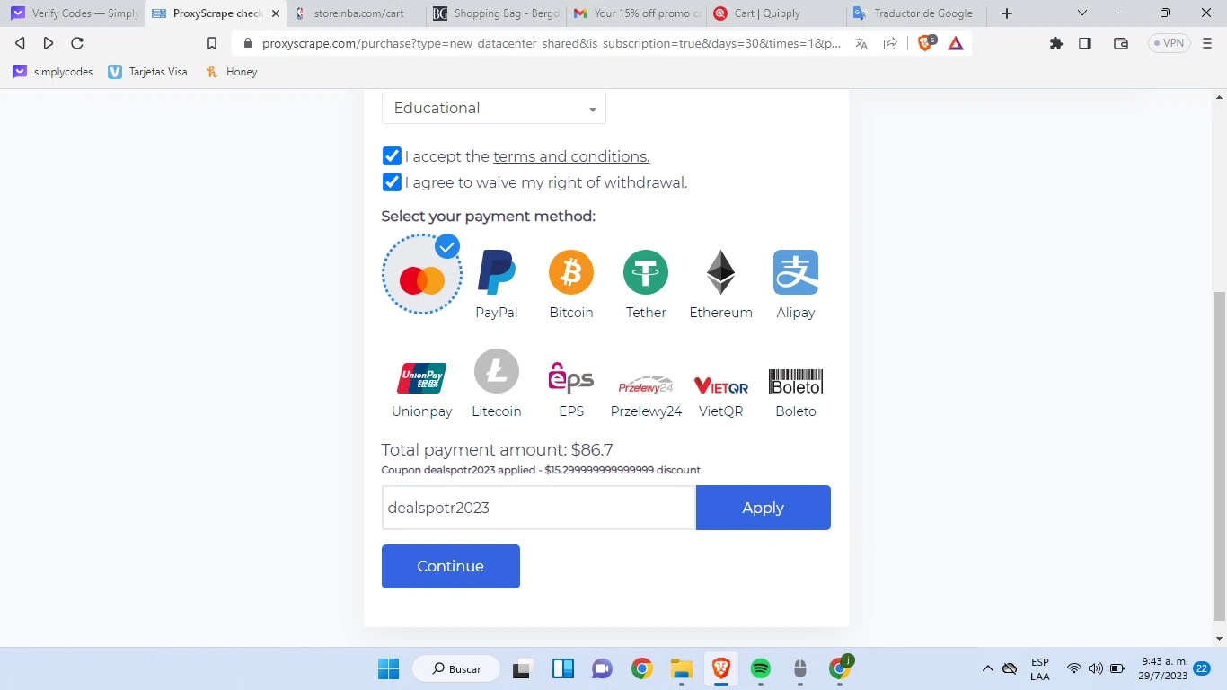ProxyScrape checkout page showing ProxyScrape promo code box | Screenshot taken by SimplyCodes community member on Jul 29, 2023