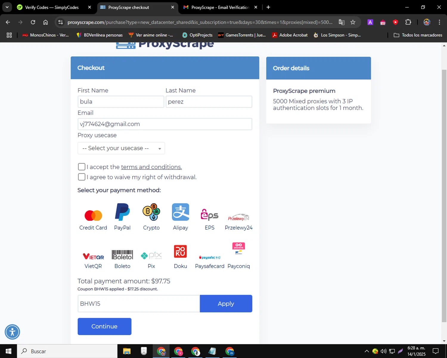 ProxyScrape promo code screenshot showing code BHW15 applied at ProxyScrape checkout page. Uploaded by SimplyCodes community member charmander589 on Jan 14, 2025
