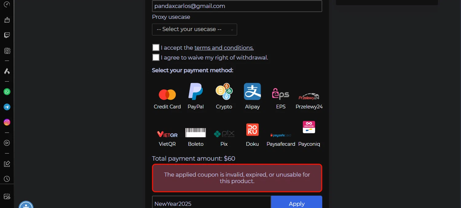 ProxyScrape promo code screenshot showing code NewYear2025 applied at ProxyScrape checkout page. Uploaded by SimplyCodes community member chepipi on Jan 25, 2025