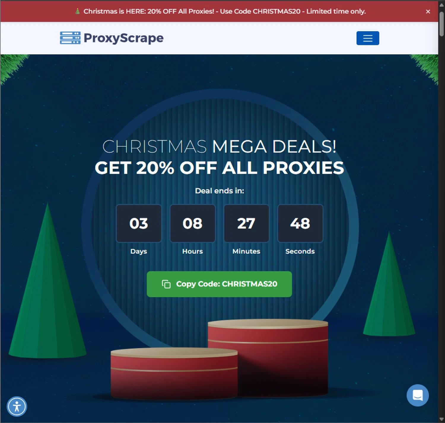 ProxyScrape promo code screenshot showing code CHRISTMAS20 applied at ProxyScrape checkout page. Uploaded by SimplyCodes community member PillarsofCreation on Dec 22, 2025