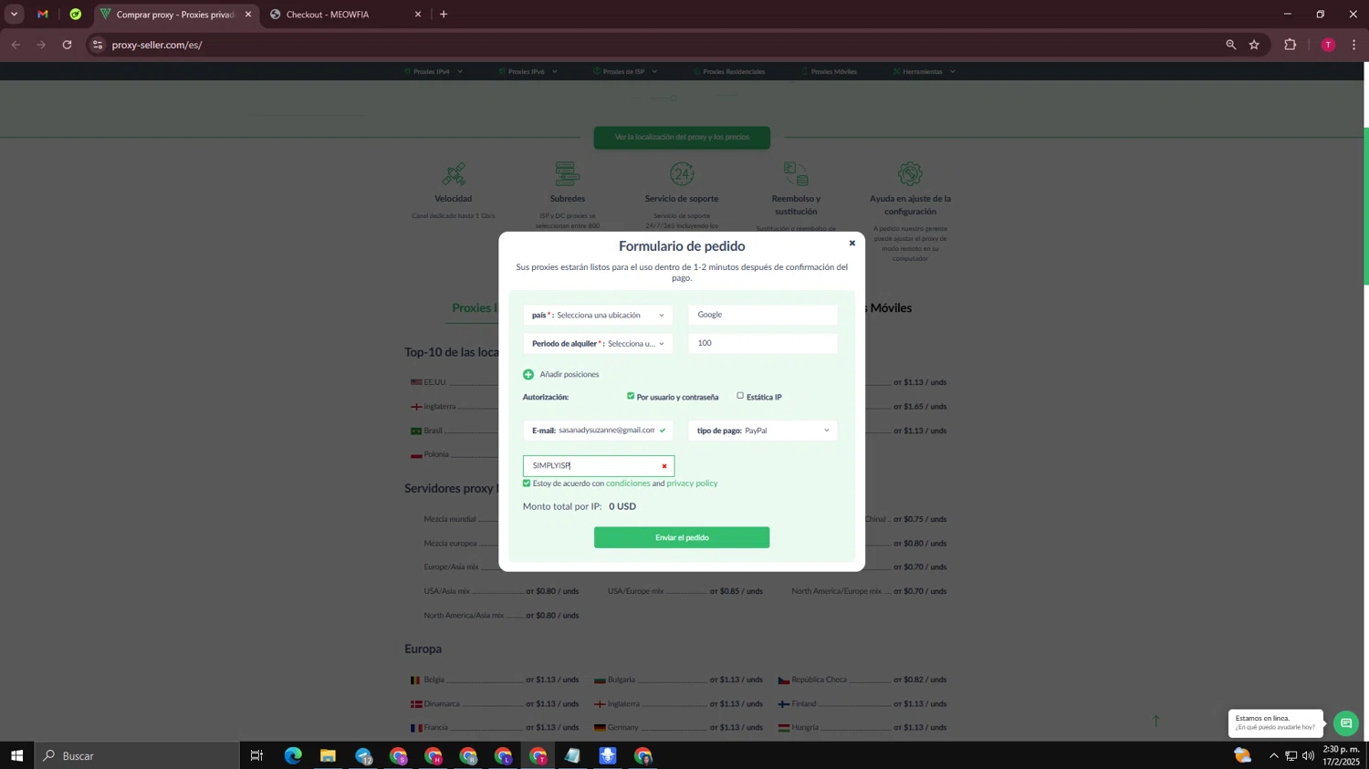 Proxy-Seller promo code screenshot showing code SIMPLYISP applied at Proxy-Seller checkout page. Uploaded by SimplyCodes community member WiseScout3498 on Feb 17, 2025