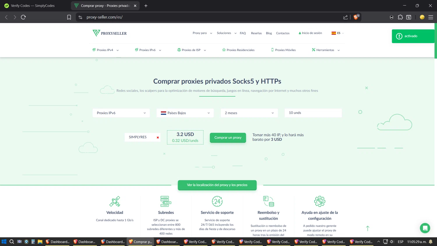 Proxy-Seller promo code screenshot showing code SIMPLYRES applied at Proxy-Seller checkout page. Uploaded by SimplyCodes community member ZoilaPerrita on Aug 15, 2025