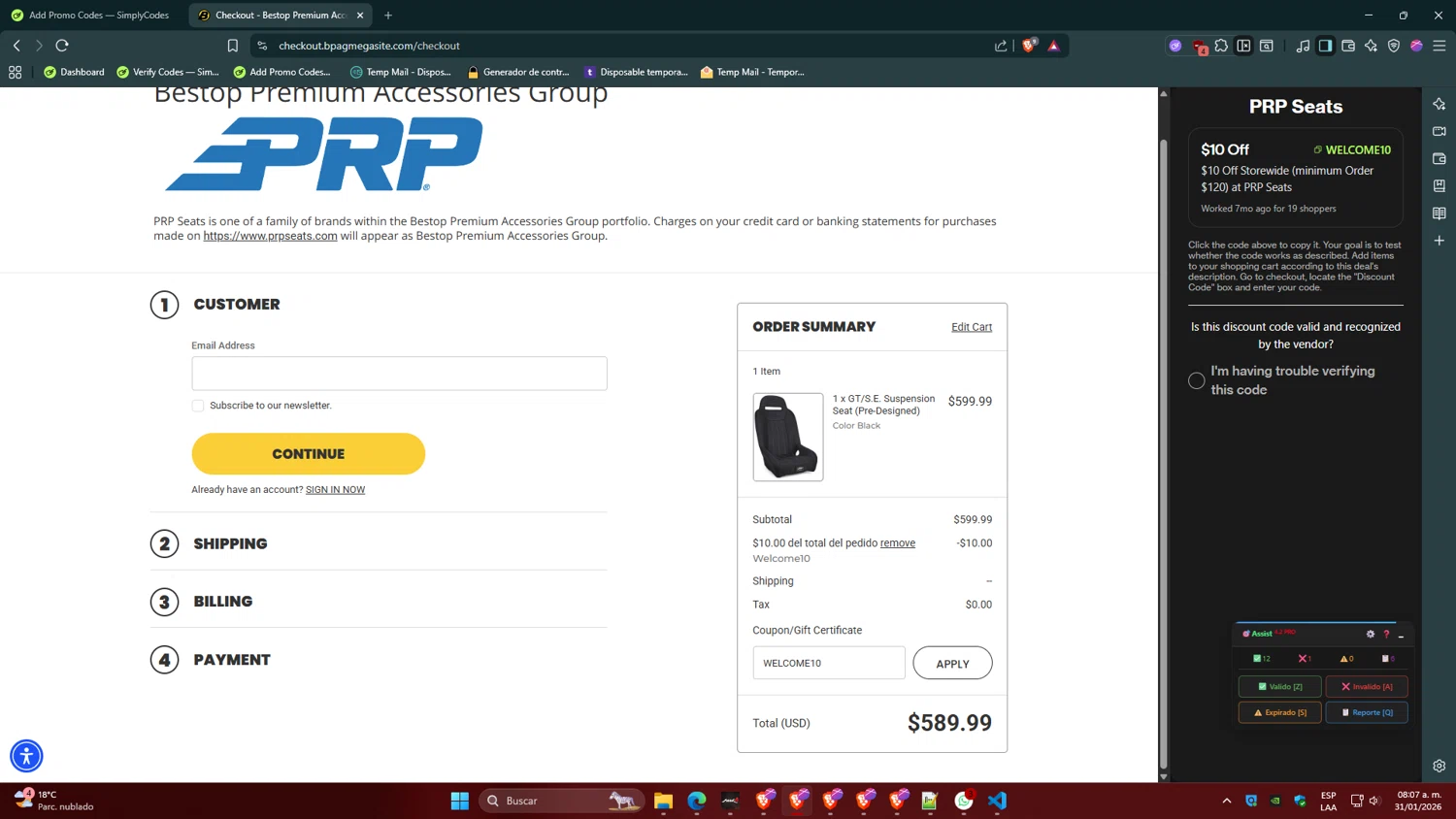 PRP Seats promo code screenshot showing code WELCOME10 applied at PRP Seats checkout page. Uploaded by SimplyCodes community member CoinVirtuoso9916 on Jan 31, 2026