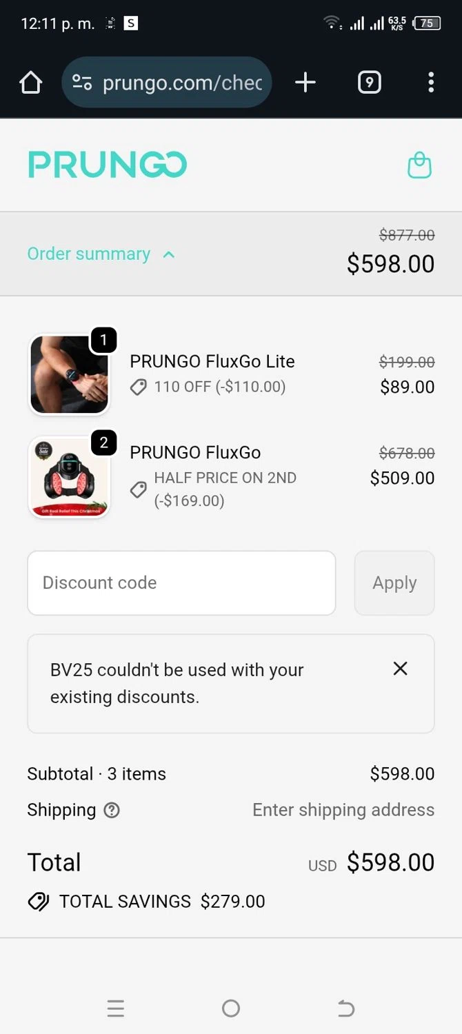 Prungo promo code screenshot showing code BV25 applied at Prungo checkout page. Uploaded by SimplyCodes community member MightyBoss5795 on Dec 23, 2025