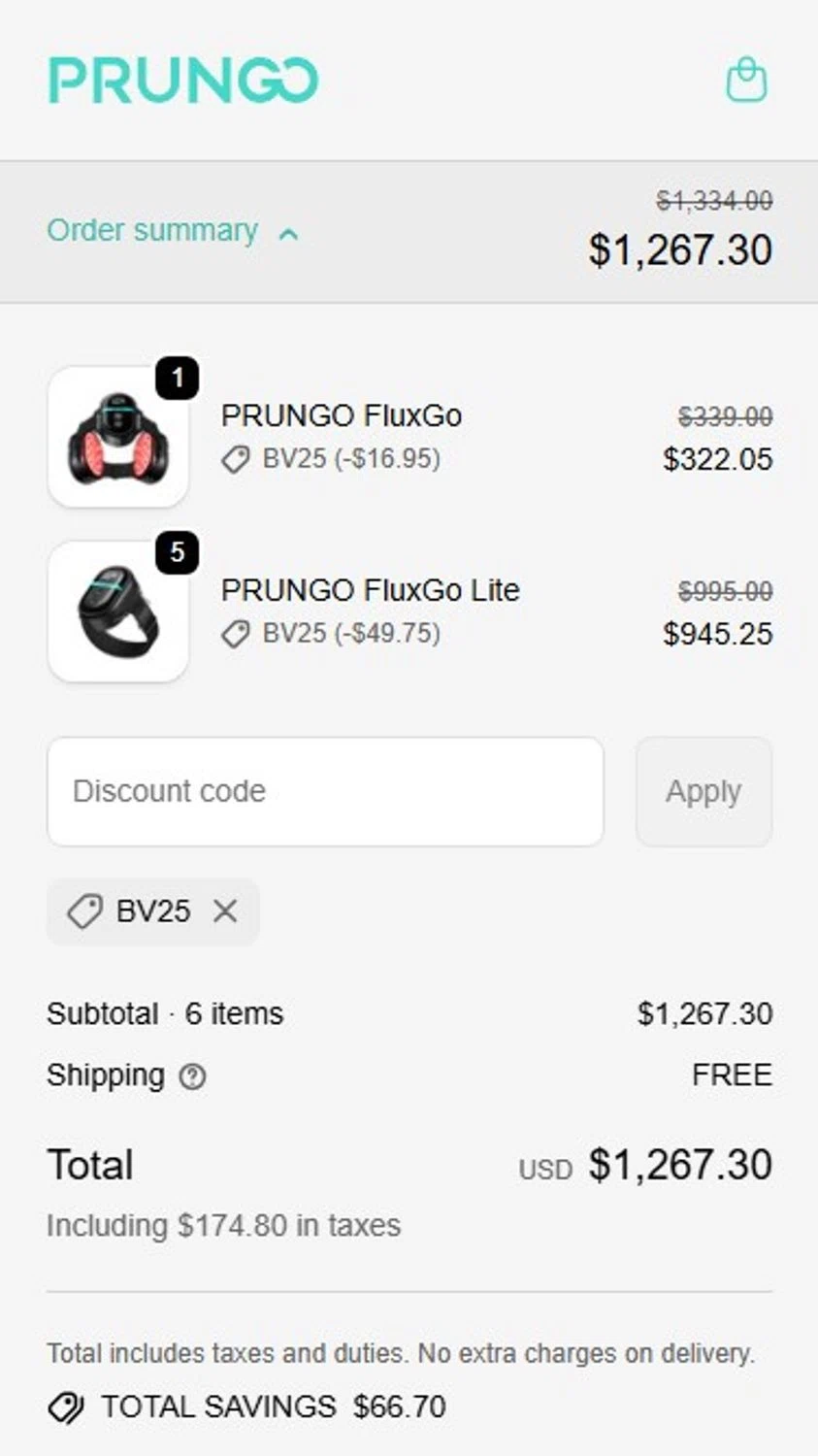 Prungo promo code screenshot showing code BV25 applied at Prungo checkout page. Uploaded by SimplyCodes community member RonaldoM32 on Dec 8, 2025
