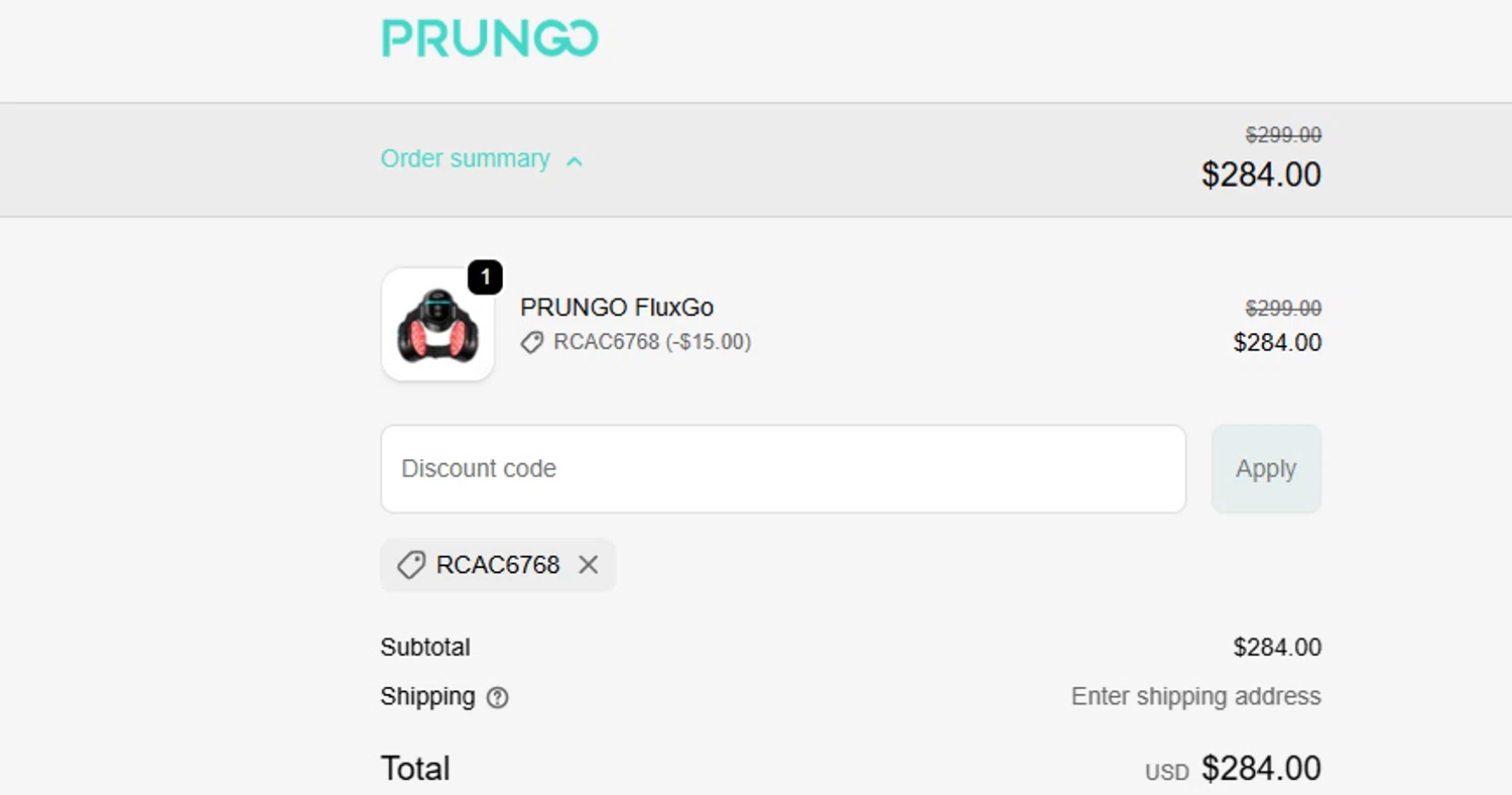 Prungo promo code screenshot showing code RCAC6768 applied at Prungo checkout page. Uploaded by SimplyCodes community member ashe1986 on Nov 24, 2025