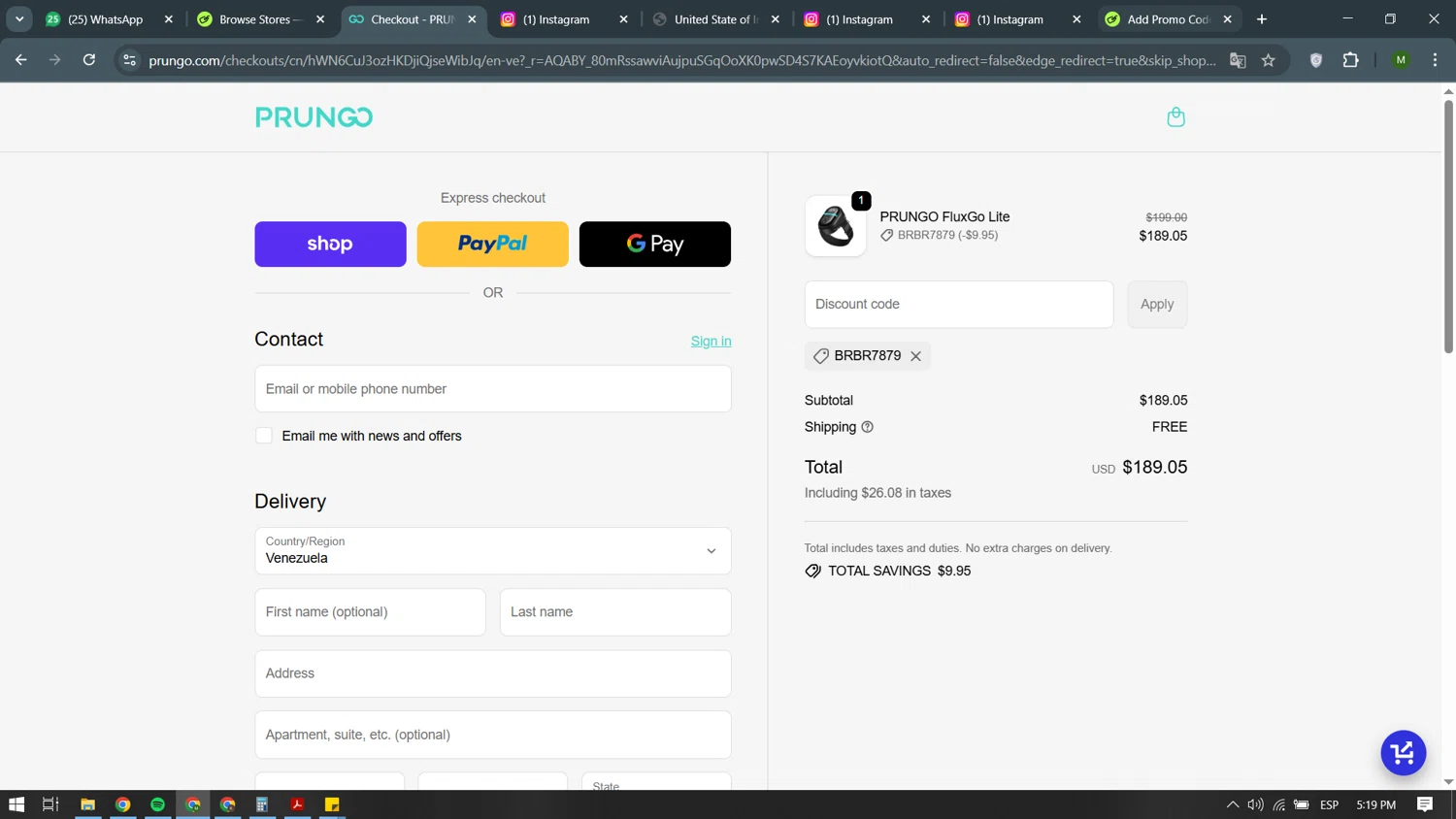Prungo promo code screenshot showing code CSALINAS96 applied at Prungo checkout page. Uploaded by SimplyCodes community member becomeaware on Dec 8, 2025