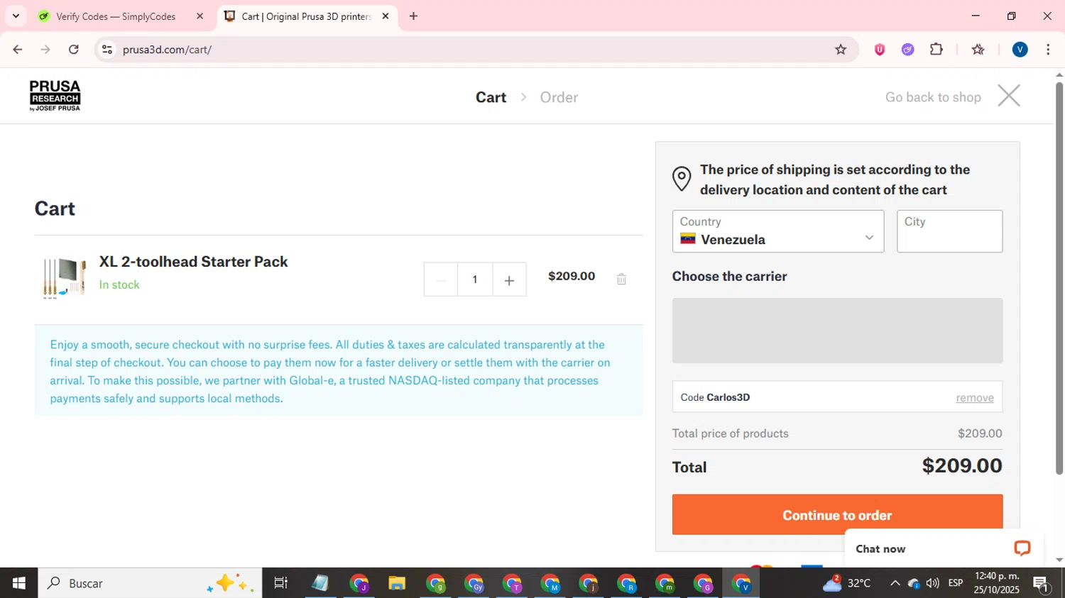 Prusa discount code screenshot showing code Carlos3D applied at Prusa checkout page. Uploaded by SimplyCodes community member CrownTitan5376 on Oct 25, 2025