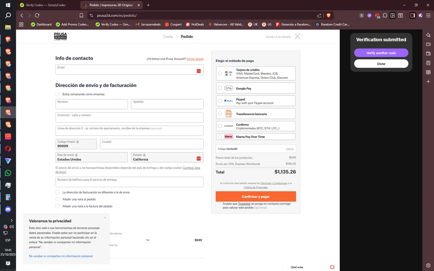 Prusa discount code screenshot showing code Carlos3D applied at Prusa checkout page. Uploaded by SimplyCodes community member CoreSeeker9184 on Oct 25, 2025
