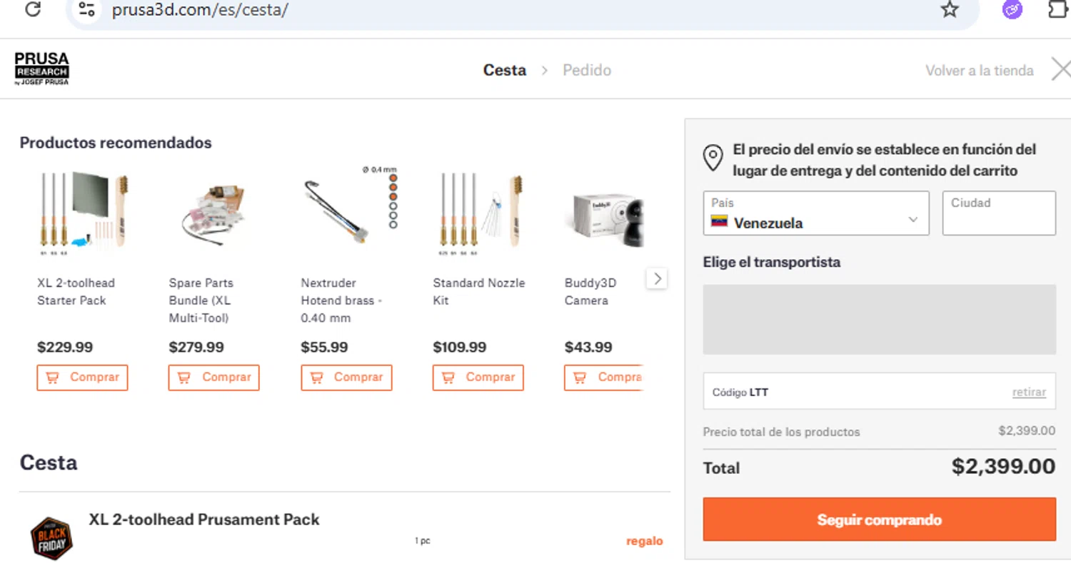 Prusa discount code screenshot showing code LTT applied at Prusa checkout page. Uploaded by SimplyCodes community member PennyOwl2559 on Nov 15, 2025