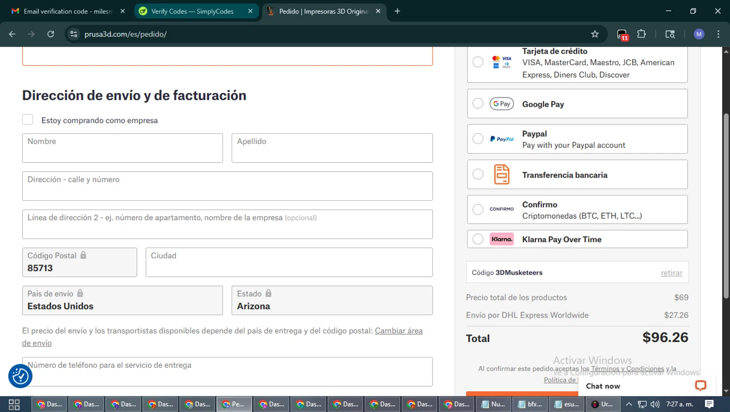 Prusa discount code screenshot showing code 3DMusketeers applied at Prusa checkout page. Uploaded by SimplyCodes community member PrimeFox5260 on Oct 2, 2025