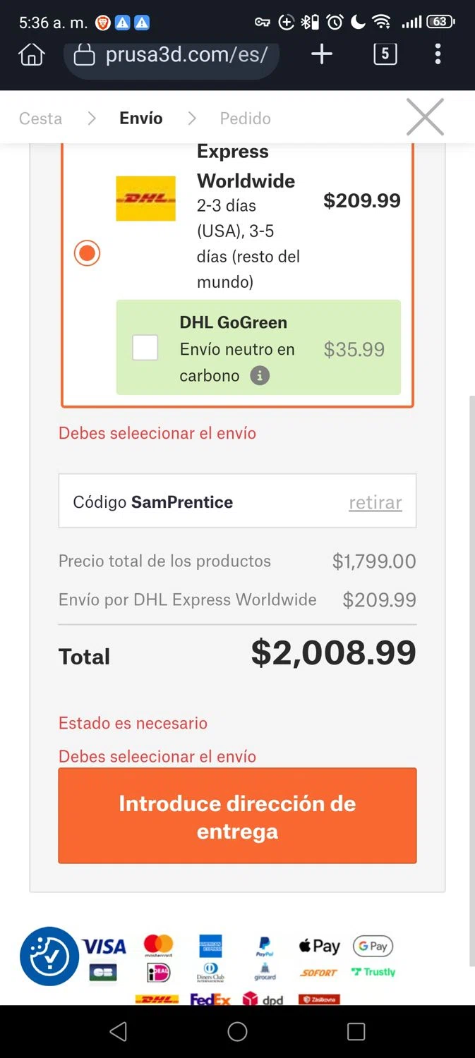 Prusa discount code screenshot showing code SamPrentice applied at Prusa checkout page. Uploaded by SimplyCodes community member George07 on Nov 2, 2025