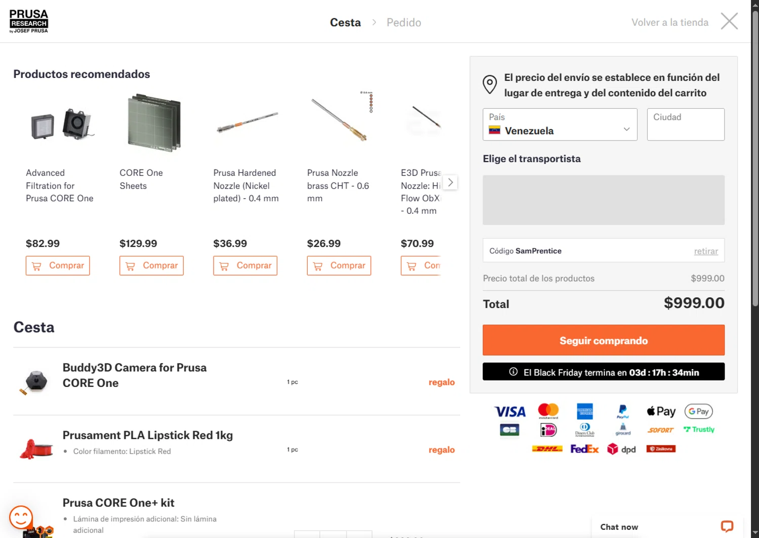 Prusa discount code screenshot showing code SamPrentice applied at Prusa checkout page. Uploaded by SimplyCodes community member VoucherFinder3467 on Nov 28, 2025